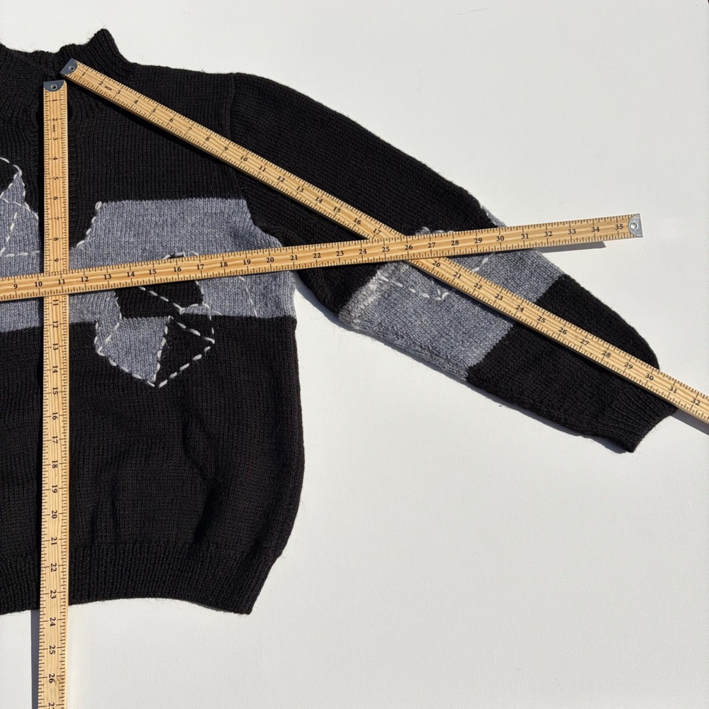 Sweater S Black Grey Polo Collar Abstract Patchwork Geometric Design Chunky Knit - Picture 6 of 6